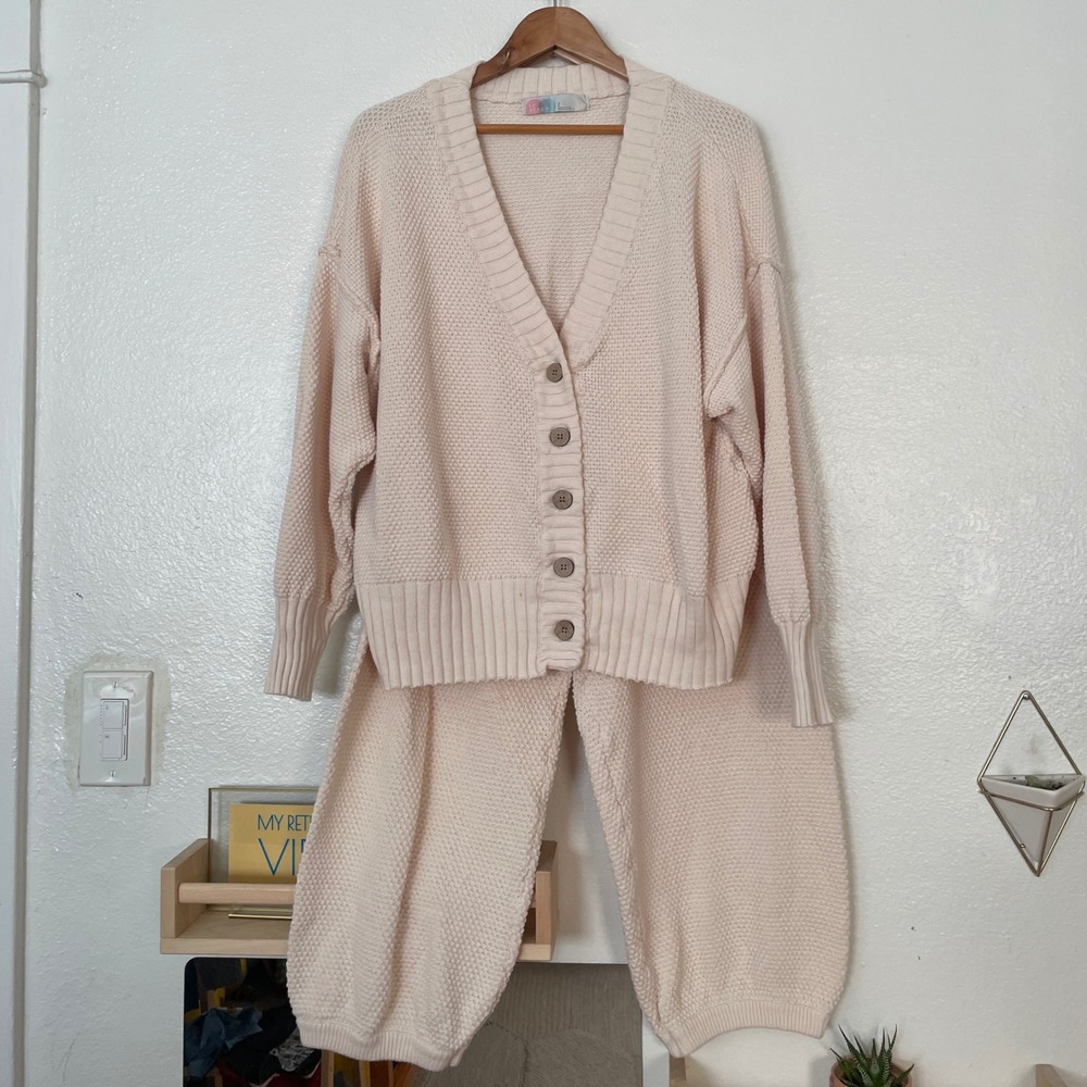 Free People Beach Hailee Cardigan Set Cream Cotton Knit Lounge Pants Large